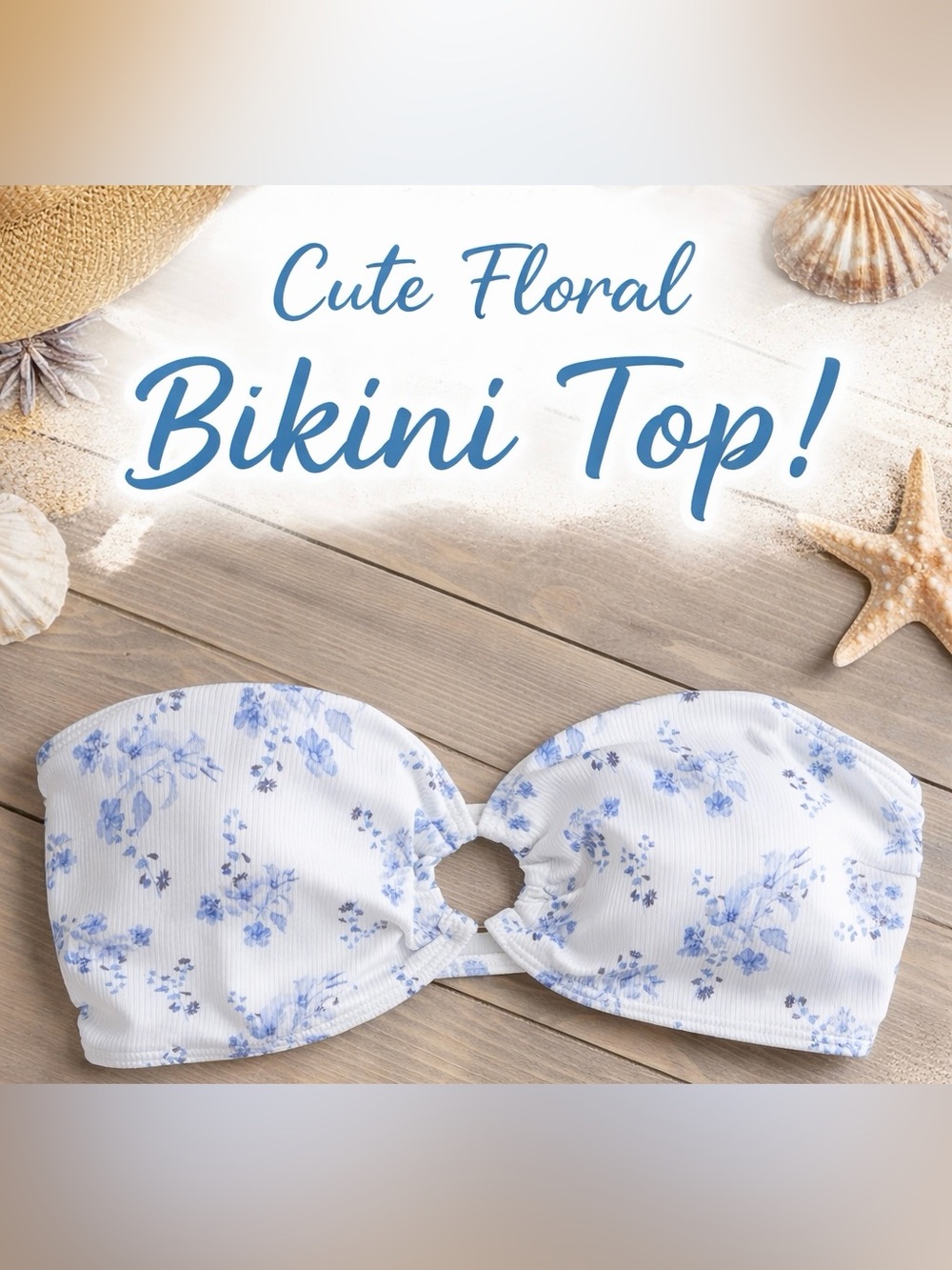 Blue Floral Bandeau Swim Top with Center Ring